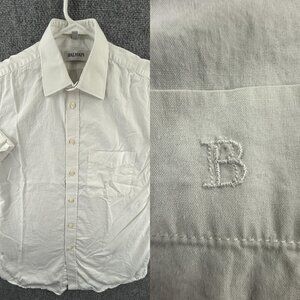 Balmain Cotton Short Sleeve 3 White Mens Shirt Solid Pocket Button Up Adult